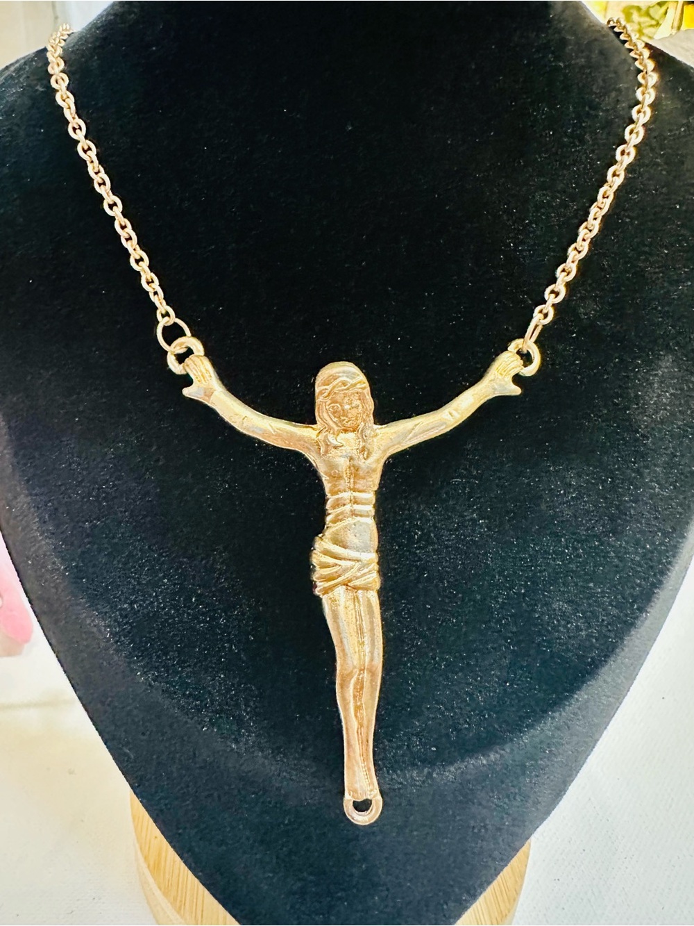Gold Tone Jesus Figure Statement Necklace
